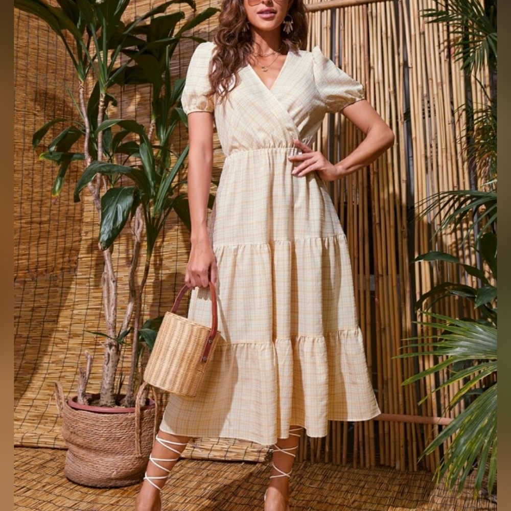 Bohemian Puff Sleeve Surplice Neck Flounce Hem A-line Dress